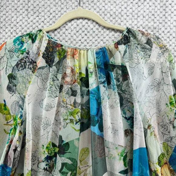 LEIFSDOTTIR Top Women 4 Green Silk Floral Catappa Blouse Crew Neck Ballon Sleeve - Picture 11 of 16